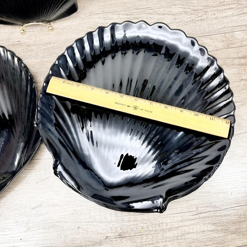 Vintage Arcoroc France Black Glass Seashell Plates Tableware Set of 6
